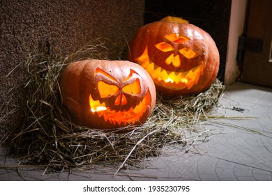 Halloween's holiday attributes. Lantern carved from pumpkin known as Jack-o’-lantern - Shutterstock ID 1935230795