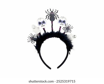 Halloween-themed headband featuring skulls, ghosts, and spiders, designed for festive celebrations, characterized by black feathers and sparkly accents for a playful touch. - Powered by Shutterstock