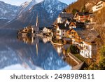 HALLSTATT, AUSTRIA. Beautiful autumn view of Hallstatt with reflection. Hallstatt is a small town in Austria.