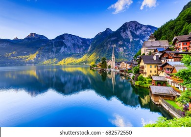 Hallstatt, Austria. Mountain Village In The Austrian Alps At Sunrise.