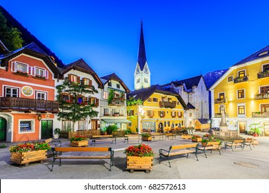 Hallstatt, Austria. Mountain village in the Austrian Alps at twilight.