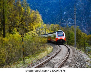 Hallstatt, Austria - Oct 25, 2018. Touristic Train Running In Hallstatt, Austria. Hallstatt Is A Charming Lakeside Village In The Alps.