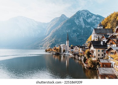 Hallstatt, historic town with Hallstatter see. Autumn in Alps, Austria