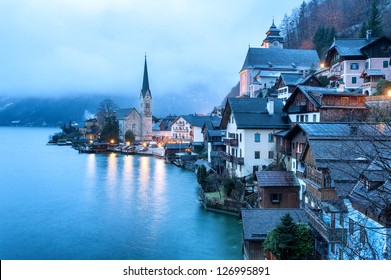 Hallstatt, Salzkammergut, Austria, In Misty Morning Light. UNESCO World Culture Heritage Site Near Salzburg.