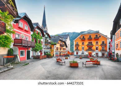 Hallstatt square in Austria Alps mountain