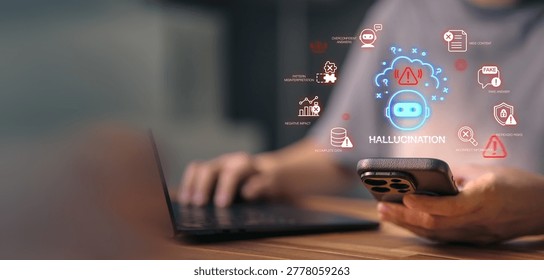 Hallucinate of artificial intelligence shows error and incorrect or misleading information with fake data on a digital screen caused by an inaccurate glitch in the algorithm.