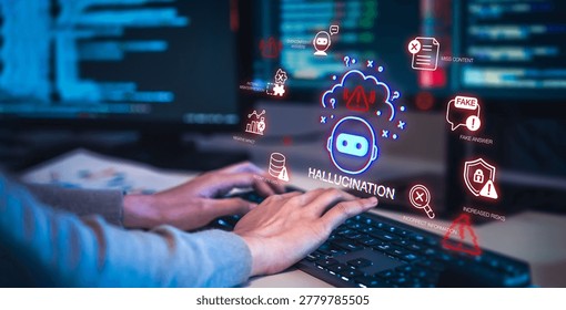 Hallucinate of artificial intelligence shows error and incorrect or misleading information with fake data on a digital screen caused by an inaccurate glitch in the algorithm.