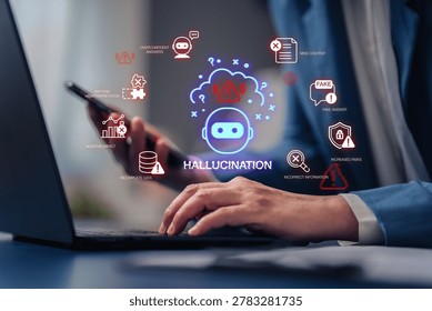 Hallucinate of artificial intelligence shows error and incorrect or misleading information with fake data on a digital screen caused by an inaccurate glitch in the algorithm.