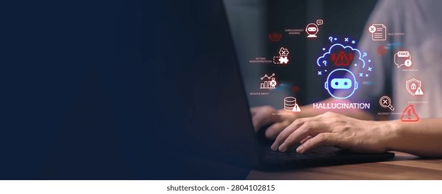 Hallucinate of artificial intelligence shows error and incorrect or misleading information with fake data on a digital screen caused by an inaccurate glitch in the algorithm.
