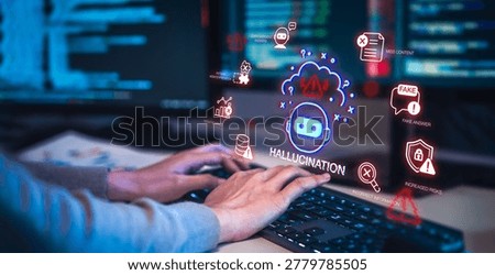 Hallucinate of artificial intelligence shows error and incorrect or misleading information with fake data on a digital screen caused by an inaccurate glitch in the algorithm.