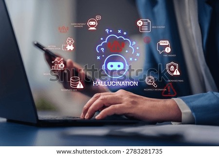Hallucinate of artificial intelligence shows error and incorrect or misleading information with fake data on a digital screen caused by an inaccurate glitch in the algorithm.