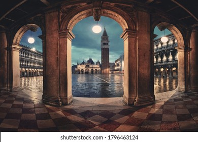 Hallway night view at Piazza San Marco in Venice, Italy.