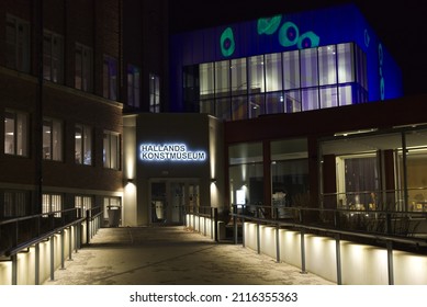 Halmstad, Halland, Sweden - January 31, 2022: Image was taken on the evening of the 31st January 2022, in the center of the city. Image presents entrance to the Hallands art museum (konstmuseum). 