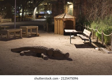 Halmstad, Halland, Sweden - January 31, 2022: Image was taken on the evening of the 31st January 2022, in the center of the city. Image presents part of the children playground with  infrastructure