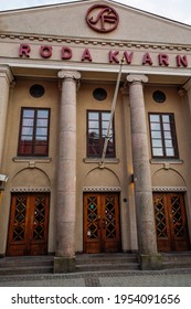 Halmstad, Sweden, April 8, 2021 The Exterior And Sign Of The Roda Kvarn Movie Theatre Or Cinema.