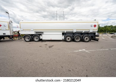 Halmstad, Sweden - July 10 2022: White Gas Truck Trailer Parked At A Circle K Gas Station.