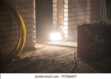 Halogen Lamp In Unfinished Building