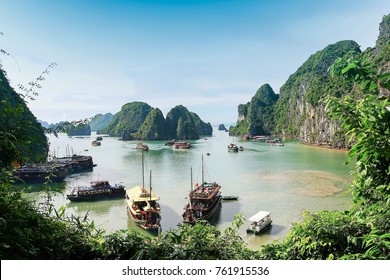 Halong Bay Blue Sky Asia Vietnam Landscape With Boat