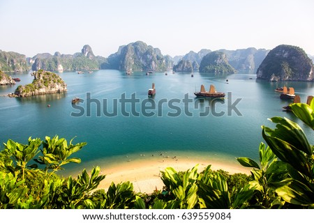 Ha-long Bay on a sunny day, viewed from the summit of a nearby island