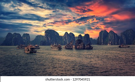 Halong Bay At Sunset In Vietnam