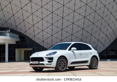 Halong, Vietnam - May 30, 2018: Porsche Macan car is on the test road in a test drive, Vietnam