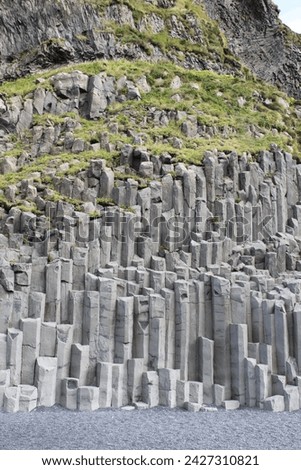 Halsanefshellir basalt stone formation on the black beach Reynisfjara, near Vík í Mýrdal in Iceland formed by the rapid cooling of lava flows ストックフォト © 