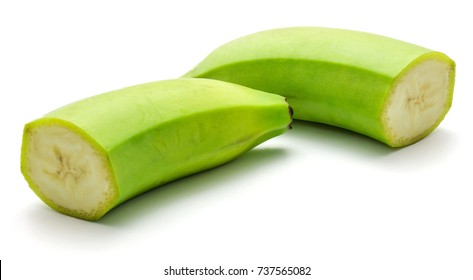 Halved Plantain Isolated On White Background Two Halves Of Green Banana