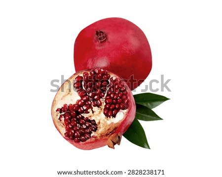 Halved vibrant red fruit showcasing glossy seeds and creamy interior against white background