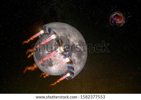 Halves of the moon as a spaceship, sci fi futuristic object propelled by a giant ion drive and flying toward the nebula in an outer space. Elements of this image furnished by NASA.