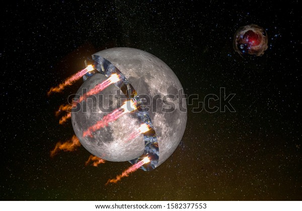 Halves of the\
moon as a spaceship, sci fi futuristic object propelled by a giant\
ion drive and flying toward the nebula in an outer space. Elements\
of this image furnished by\
NASA.