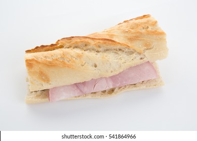 Ham Baguette Isolated On A White Background, Simple Sandwich