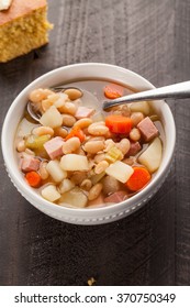 Ham And Bean Soup Angled View With Corn Bread