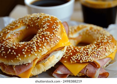 ham and cheese breakfast bagels with hot coffee - Powered by Shutterstock