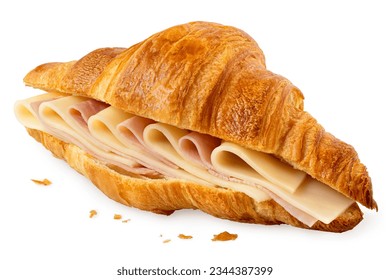 Ham and cheese croissant isolated on white. Crumbs. - Powered by Shutterstock