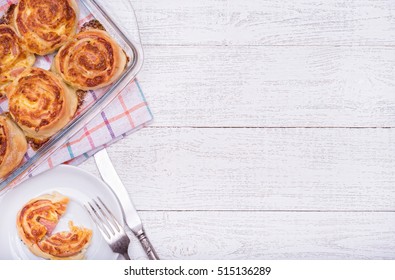 Ham and cheese rolls on wooden board.  - Shutterstock ID 515136289
