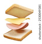 Ham and cheese sandwich ingredients falling into place isolated - clipping path included