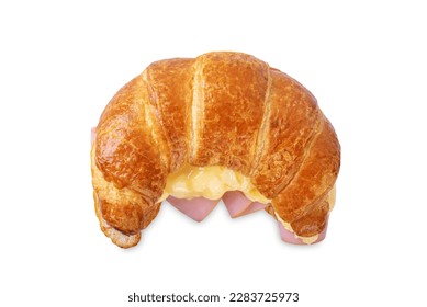 Ham cheese scrambled eggs croissant for breakfast on a white isolated background. toning