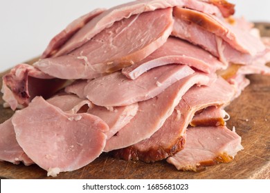 Ham. Cured Country Ham. Classic Delicatessen Or Butcher Shop Staple. Whole Ham, Carved With A Butchers Knife. Lunch Or Dinner Favorite, Meat Ideal For Sandwiches Or Served With Vegetables.