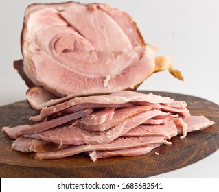 Ham. Cured Country Ham. Classic Delicatessen Or Butcher Shop Staple. Whole Ham, Carved With A Butchers Knife. Lunch Or Dinner Favorite, Meat Ideal For Sandwiches Or Served With Vegetables.