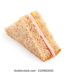 Ham And Mustard Wholewheat Triangle Sandwich Isolated On White.