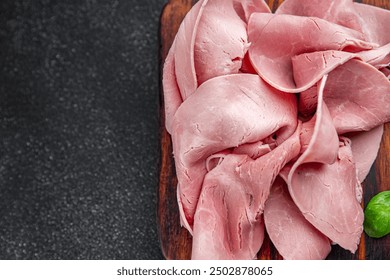 ham pork meat spam luncheon fresh meal food snack on the table copy space food background rustic top view