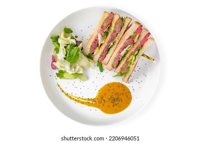 Ham Sandwich. Balanced, Nutritious, Tasty And Nutritious Food. Ready-made Menu For A Restaurant Or For Delivery. Dish In A White Plate Isolated On A White Background.