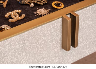 HAMALA, BAHRAIN - MARCH 02, 2019: Detail Of Leatherwork And Handle On A Jewellery Drawer In A Bespoke Chest Of Drawers In A Luxury Middle Eastern Villa Development.