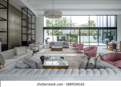 HAMALA, BAHRAIN - MARCH 02, 2019: The Large Open-plan Living Area Of The Interior Of A Luxury, High-end Villa With Silk Sofas And Armchairs And Other Designer Furnishings.