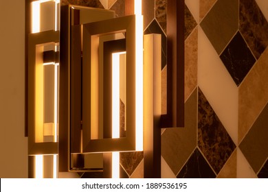 HAMALA, BAHRAIN - MARCH 02, 2019: A Bespoke Designer Wall Light On A Bathroom Mirror In A Bathroom In A Luxury Villa In The Middle East.