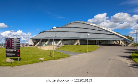 HAMAR, NORWAY - AUGUST 01, 2016: Vikingskipet Olympic Oval Speed Skating Stadium In Oslo. In The Shape Of The Bow Of A Viking Ship.