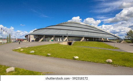 HAMAR, NORWAY - AUGUST 01, 2016: Vikingskipet Olympic Oval Speed Skating Stadium In Oslo. In The Shape Of The Bow Of A Viking Ship.