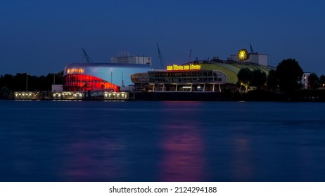 HAMB, GERMANY - Jul 16, 2021: Night View Of The Lion King Musical Building In Hamburg