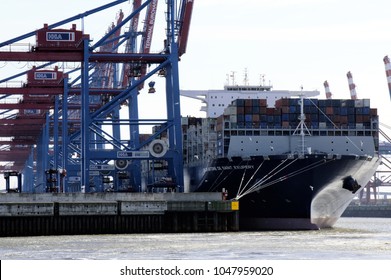 Hamburg / Germany - 03 17 2018: Container Vessel SMA CGM Antoine De Saint-Exupéry In The Port Of Hamburg. 