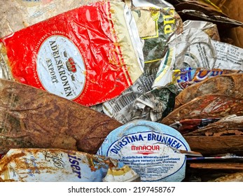 Hamburg, Germany - 03 September 2022: A Pile Of Rusty Beer Cans Of Different Brands.